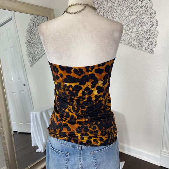Early 2000’s Cinched Animal Print Black Gold Cheetah Glitter Tube Top M - Picture 6 of 7
